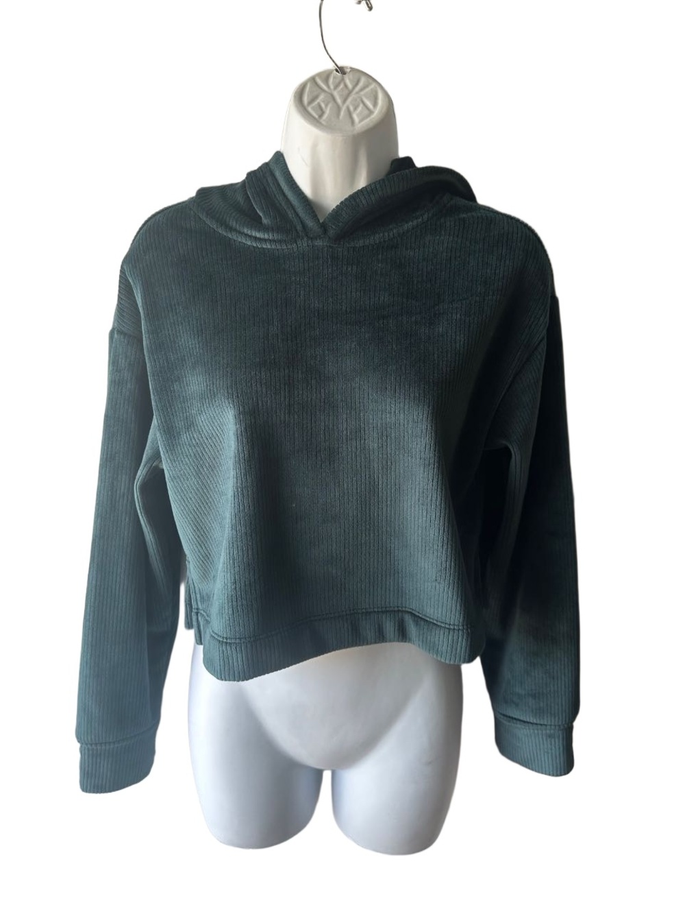 Athleta Girl Dark Green Ribbed Velour Cropped Hoodie Size L Long Sleeve Cozy